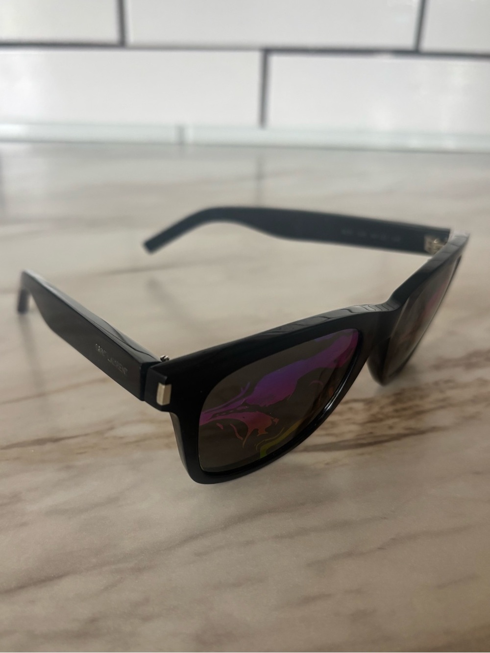 Saint Laurent Black Frame Sunglasses with Purple Mirrored Lenses - Picture 6 of 12